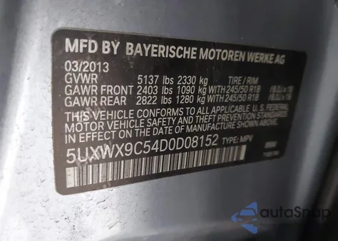 2013 BMW X3 xDrive28I из США, поврежденный, VIN 5UXWX9C54D0D08152